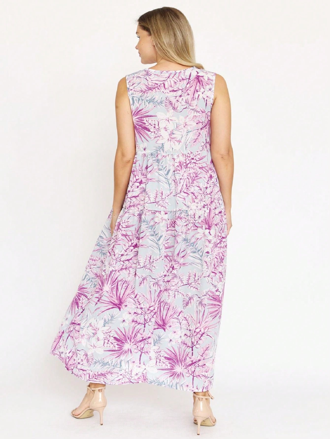 Tiered Tropical Sleeveless Leaves Floral  Maxi Long Woven Dress