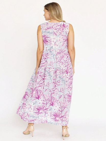 Tiered Tropical Sleeveless Leaves Floral  Maxi Long Woven Dress