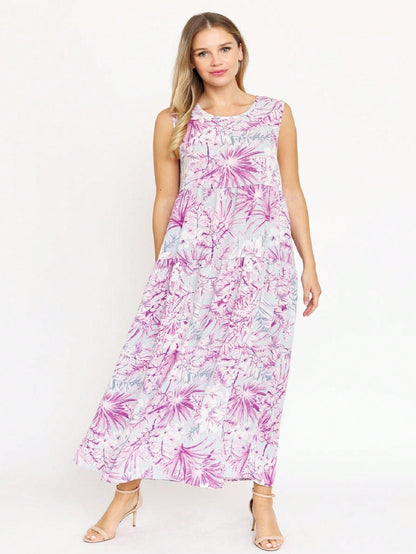 Tiered Tropical Sleeveless Leaves Floral  Maxi Long Woven Dress