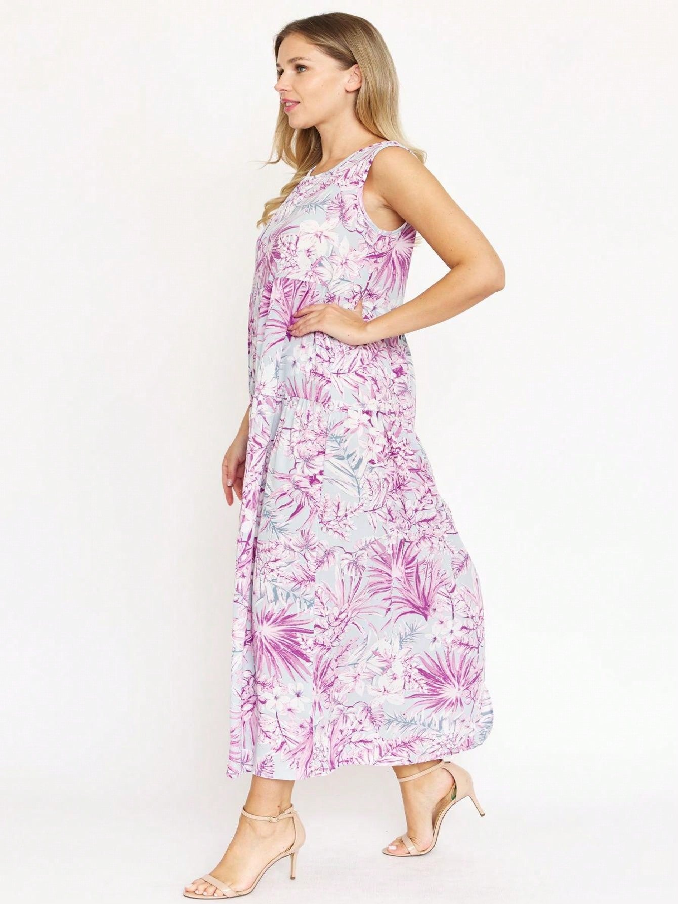 Tiered Tropical Sleeveless Leaves Floral  Maxi Long Woven Dress