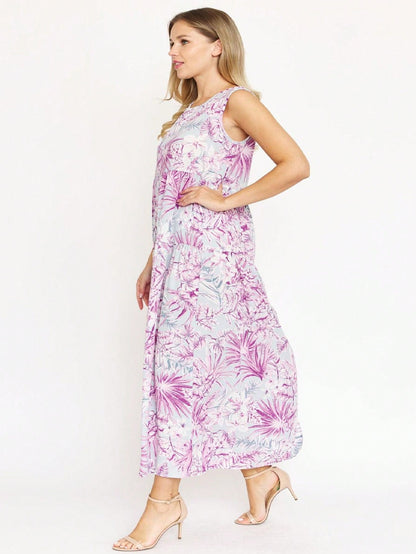 Tiered Tropical Sleeveless Leaves Floral  Maxi Long Woven Dress