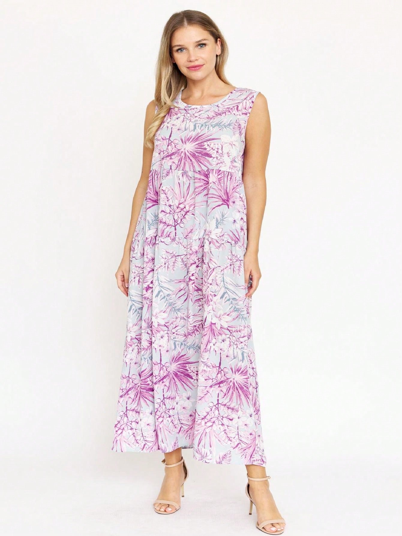 Tiered Tropical Sleeveless Leaves Floral  Maxi Long Woven Dress