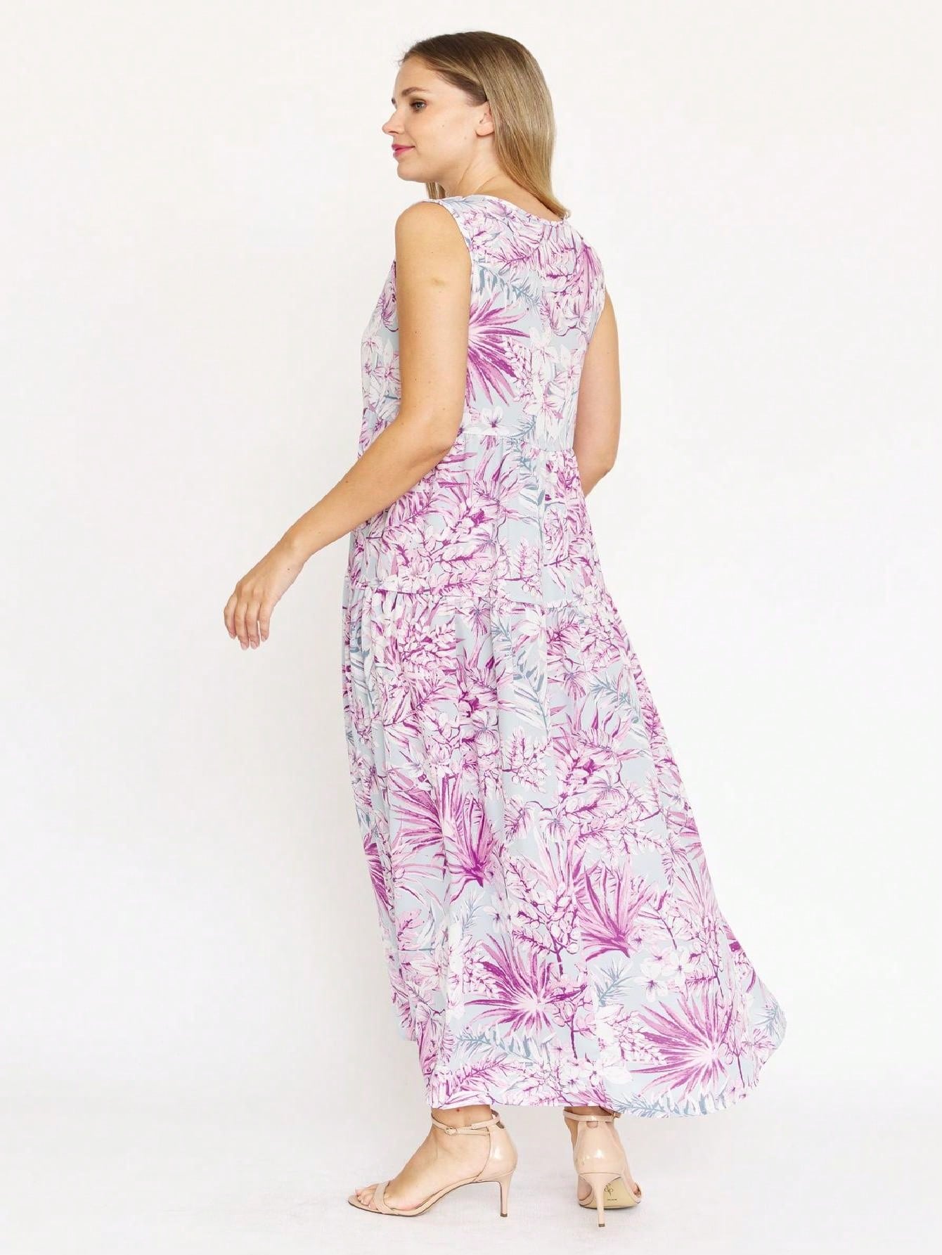 Tiered Tropical Sleeveless Leaves Floral  Maxi Long Woven Dress