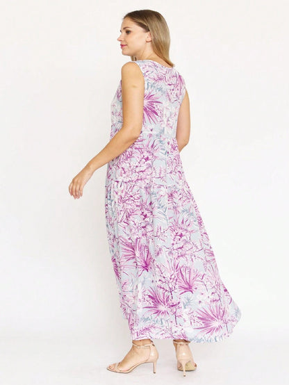 Tiered Tropical Sleeveless Leaves Floral  Maxi Long Woven Dress