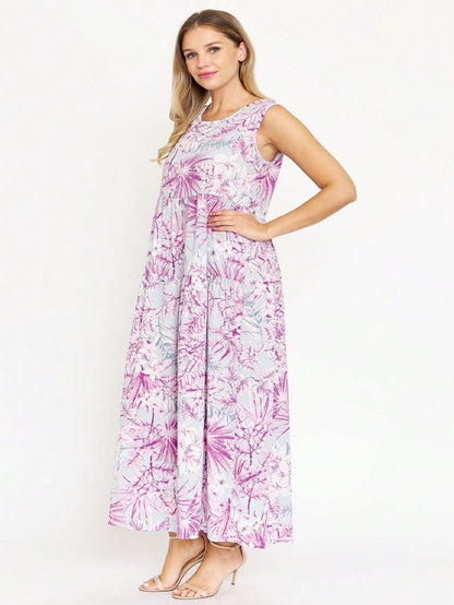 Tiered Tropical Sleeveless Leaves Floral  Maxi Long Woven Dress