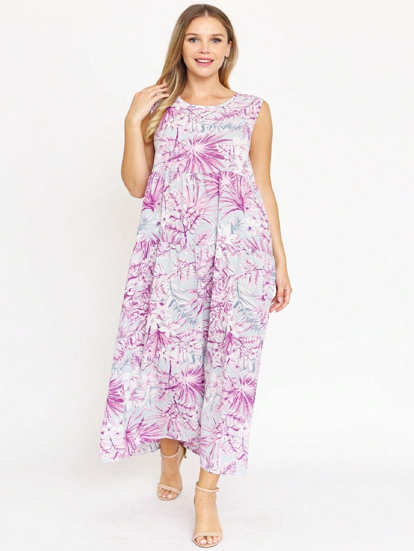 Tiered Tropical Sleeveless Leaves Floral  Maxi Long Woven Dress