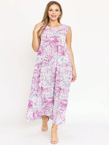 Tiered Tropical Sleeveless Leaves Floral  Maxi Long Woven Dress
