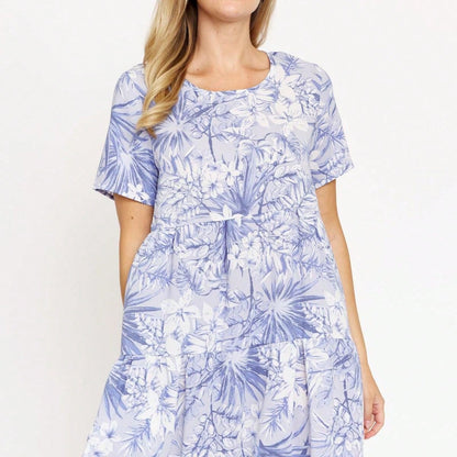 Tiered Tropical Short Sleeve Leaves Floral  Maxi Long Woven Dress