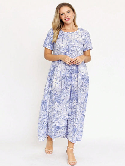 Tiered Tropical Short Sleeve Leaves Floral  Maxi Long Woven Dress