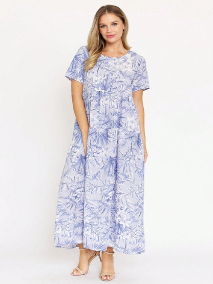 Tiered Tropical Short Sleeve Leaves Floral  Maxi Long Woven Dress