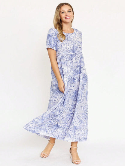 Tiered Tropical Short Sleeve Leaves Floral  Maxi Long Woven Dress