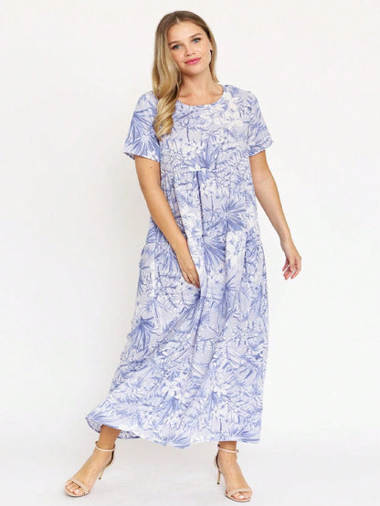 Tiered Tropical Short Sleeve Leaves Floral  Maxi Long Woven Dress