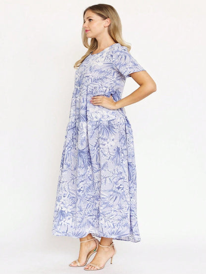 Tiered Tropical Short Sleeve Leaves Floral  Maxi Long Woven Dress