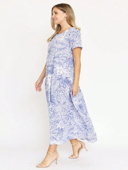 Tiered Tropical Short Sleeve Leaves Floral  Maxi Long Woven Dress