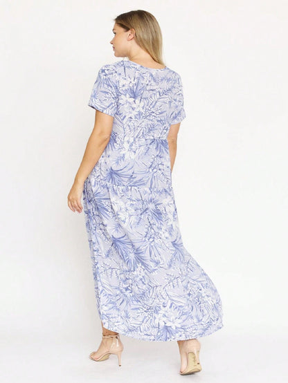 Tiered Tropical Short Sleeve Leaves Floral  Maxi Long Woven Dress