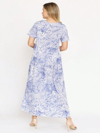 Tiered Tropical Short Sleeve Leaves Floral  Maxi Long Woven Dress