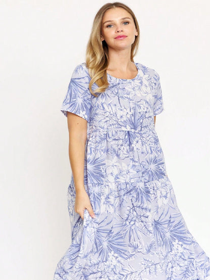 Tiered Tropical Short Sleeve Leaves Floral  Maxi Long Woven Dress