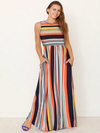 Multi Stripe Orange, Green, And Mint Sleeveless Maxi Dress With Pocket | S-3X