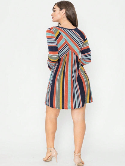 Orange & Navy Mint Multi Stripe Cross Front Knit Mini Dress | S-3X