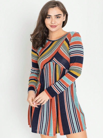 Orange & Navy Mint Multi Stripe Cross Front Knit Mini Dress | S-3X