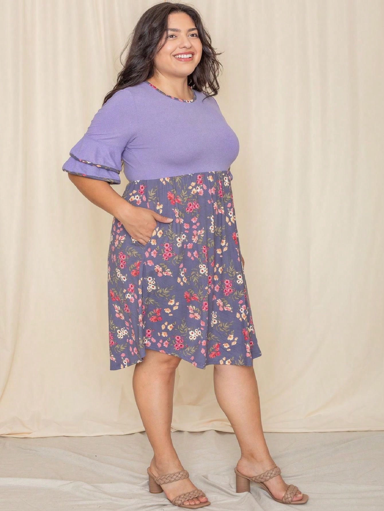 Purple Ivory Black Tiered Floral Double Ruffle Flounce Sleeve Midi Classic Dress Small To 3XL Plus