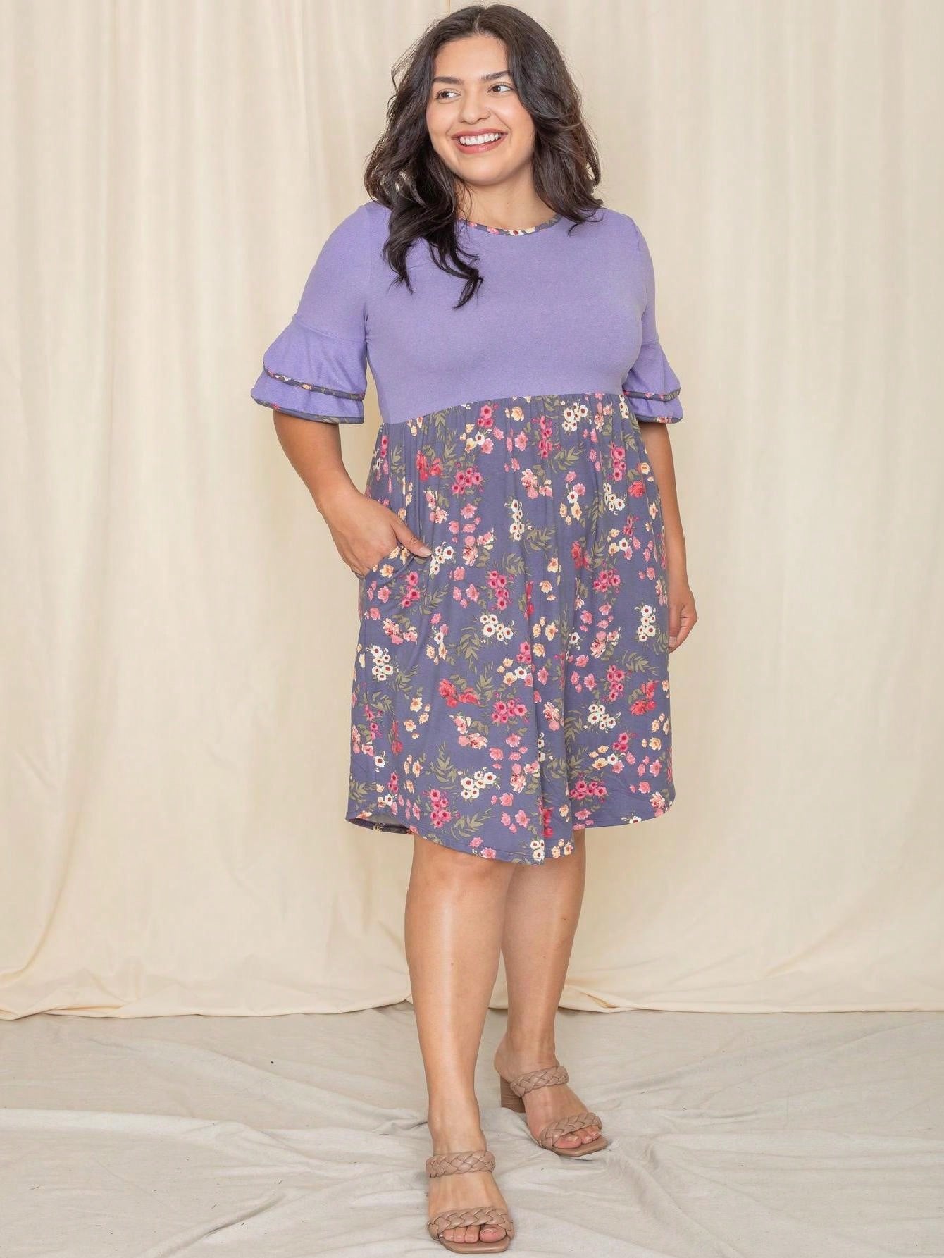 Purple Ivory Black Tiered Floral Double Ruffle Flounce Sleeve Midi Classic Dress Small To 3XL Plus