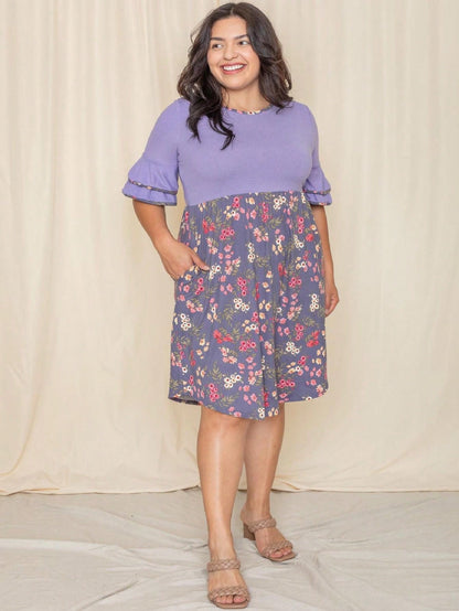 Purple Ivory Black Tiered Floral Double Ruffle Flounce Sleeve Midi Classic Dress Small To 3XL Plus