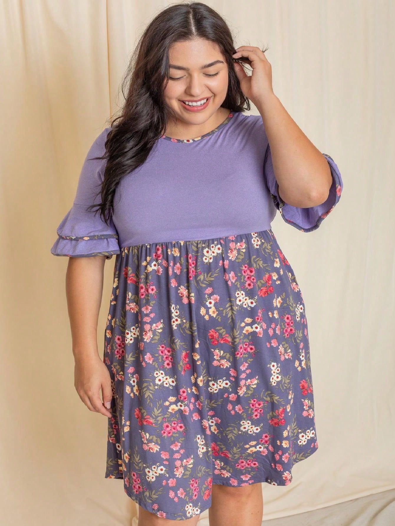 Purple Ivory Black Tiered Floral Double Ruffle Flounce Sleeve Midi Classic Dress Small To 3XL Plus