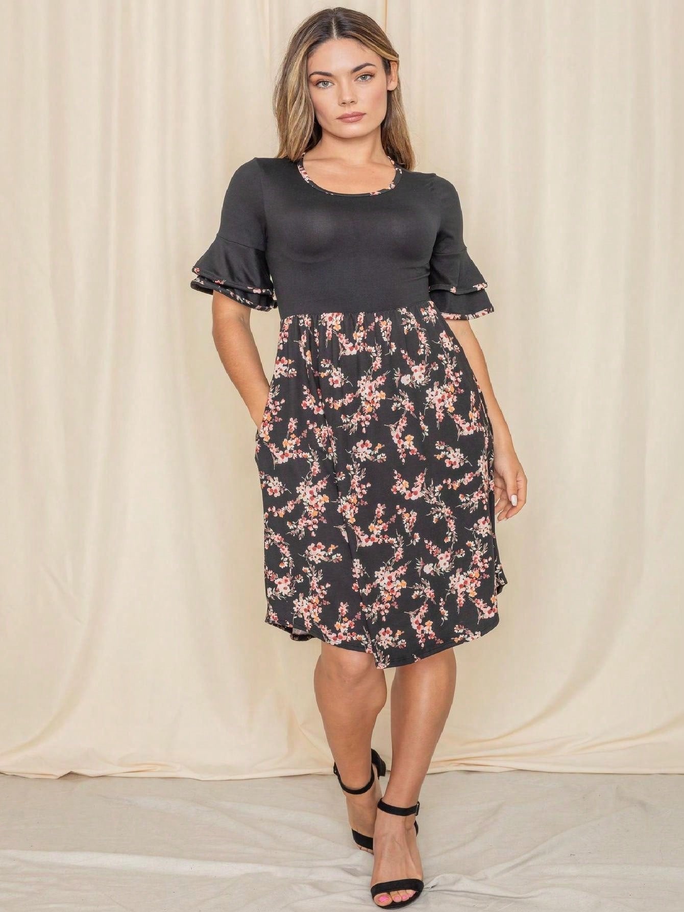 Purple Ivory Black Tiered Floral Double Ruffle Flounce Sleeve Midi Classic Dress Small To 3XL Plus