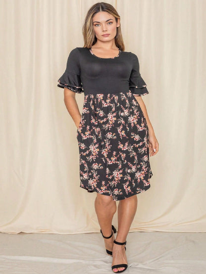 Purple Ivory Black Tiered Floral Double Ruffle Flounce Sleeve Midi Classic Dress Small To 3XL Plus