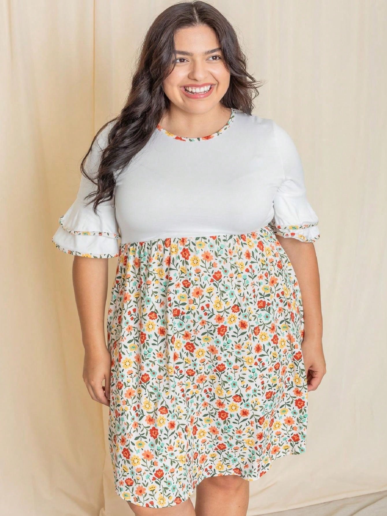 Purple Ivory Black Tiered Floral Double Ruffle Flounce Sleeve Midi Classic Dress Small To 3XL Plus