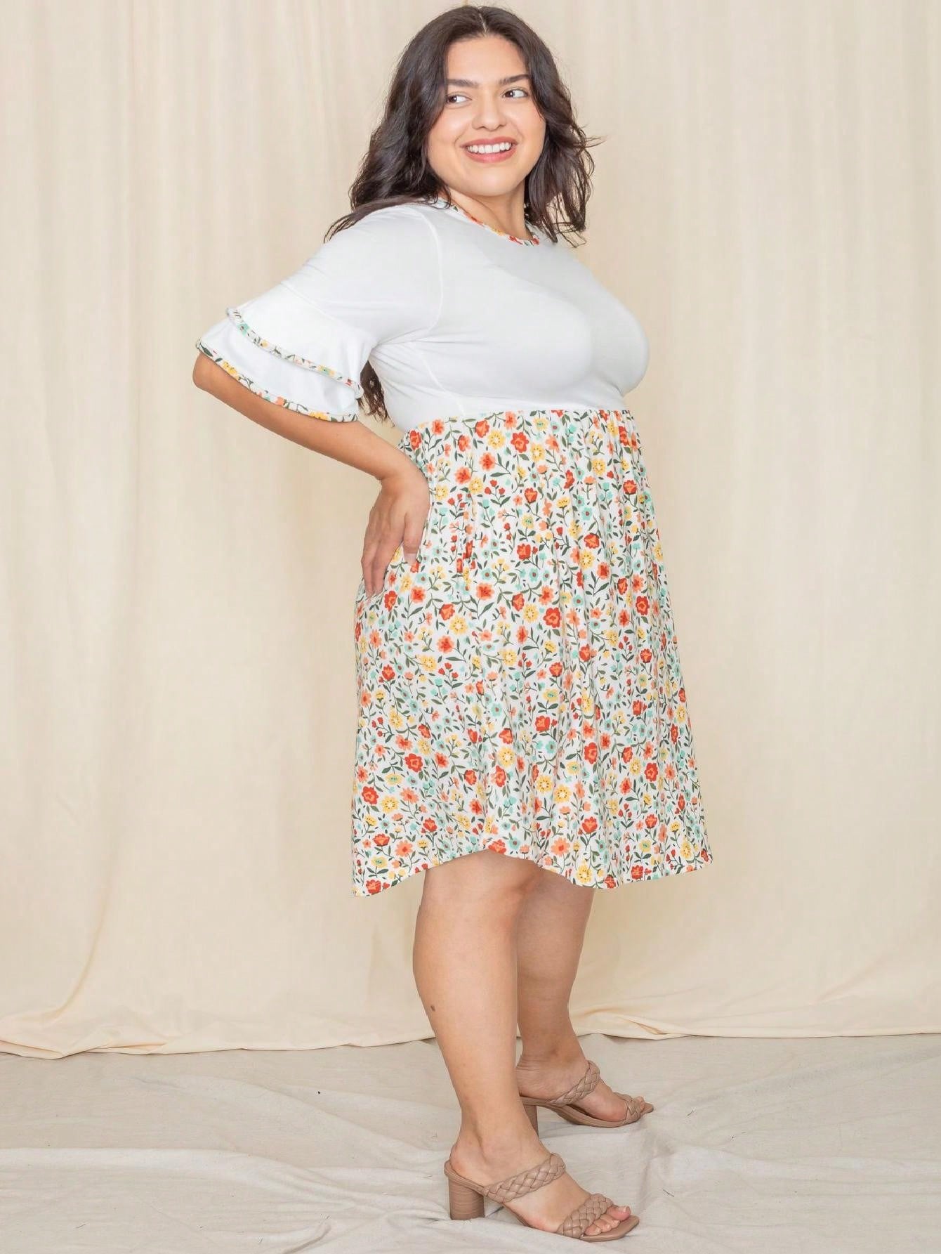 Purple Ivory Black Tiered Floral Double Ruffle Flounce Sleeve Midi Classic Dress Small To 3XL Plus