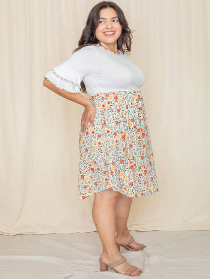 Purple Ivory Black Tiered Floral Double Ruffle Flounce Sleeve Midi Classic Dress Small To 3XL Plus