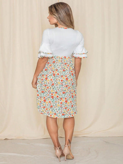 Purple Ivory Black Tiered Floral Double Ruffle Flounce Sleeve Midi Classic Dress Small To 3XL Plus