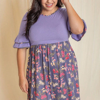 Purple Ivory Black Tiered Floral Double Ruffle Flounce Sleeve Midi Classic Dress Small To 3XL Plus