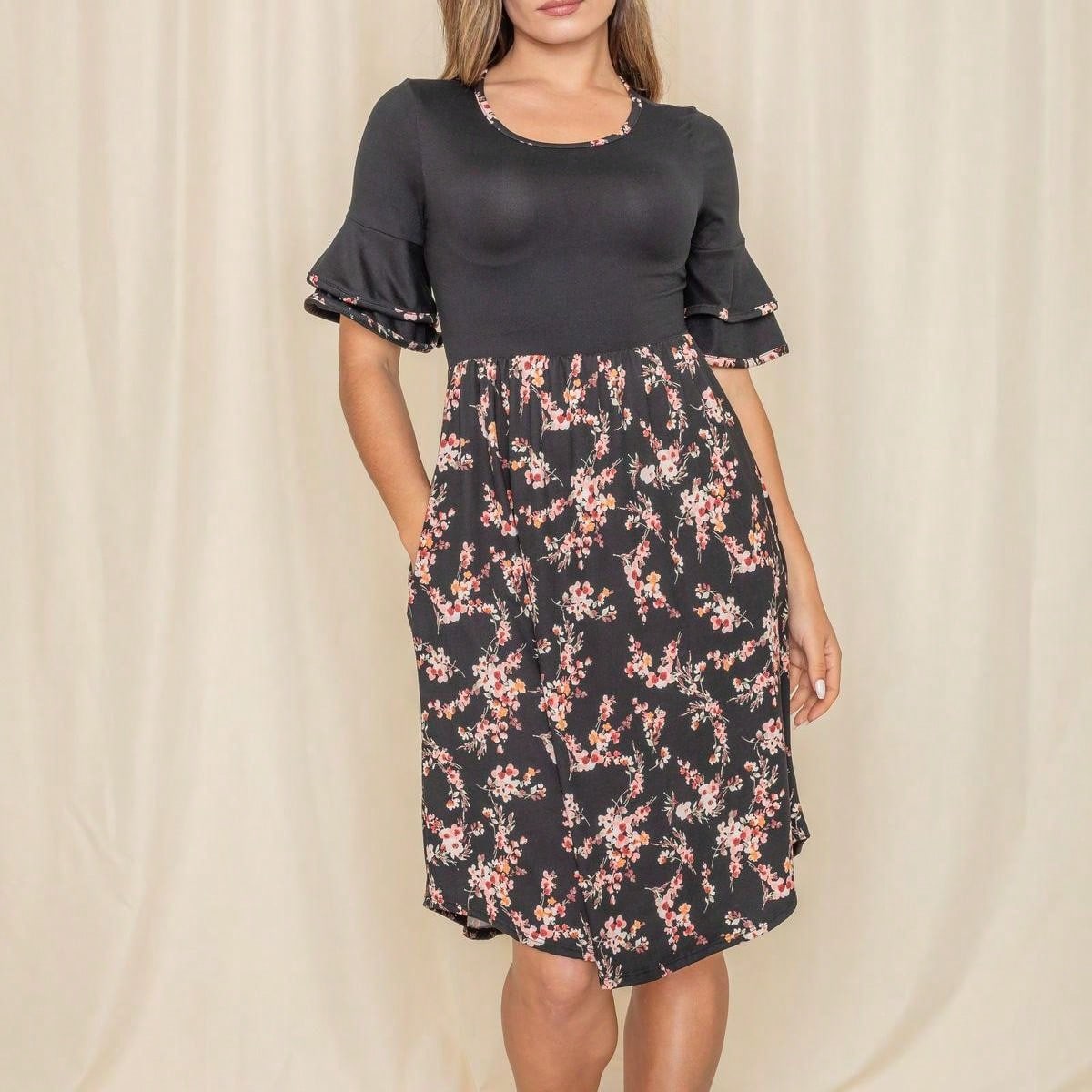 Purple Ivory Black Tiered Floral Double Ruffle Flounce Sleeve Midi Classic Dress Small To 3XL Plus