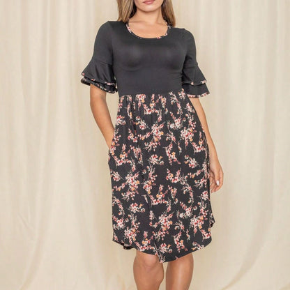 Purple Ivory Black Tiered Floral Double Ruffle Flounce Sleeve Midi Classic Dress Small To 3XL Plus