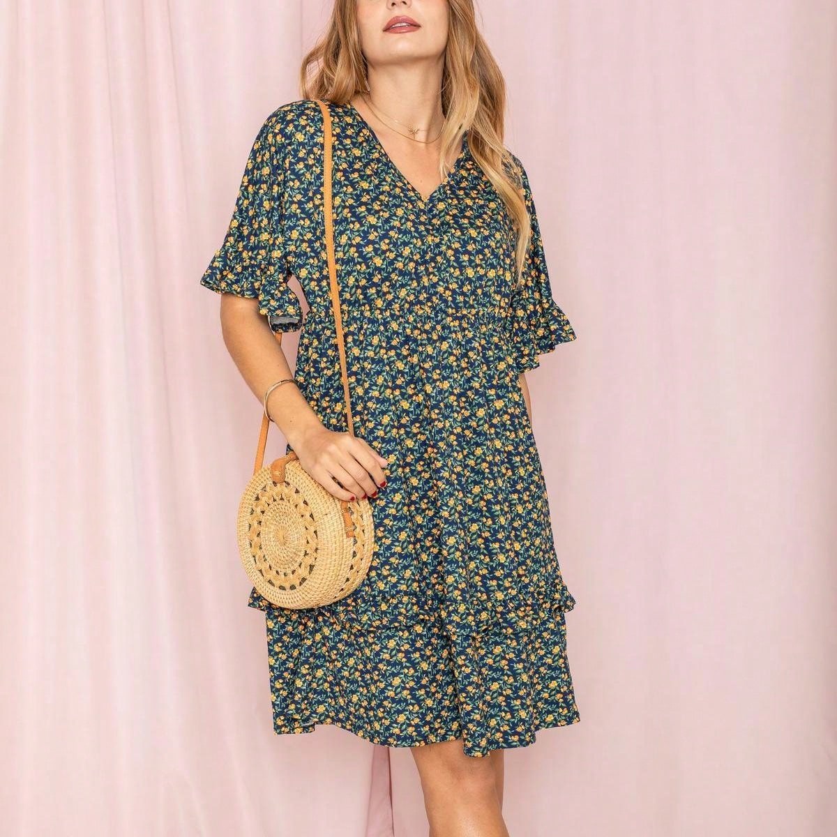 Vintage Navy Pink Yellow White Charcoal Floral Ruffle Trim Midi Dress | S-3X