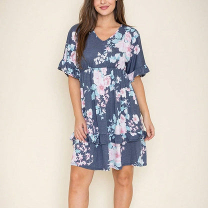 Vintage Navy Pink Yellow White Charcoal Floral Ruffle Trim Midi Dress | S-3X