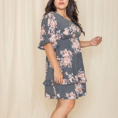 Vintage Navy Pink Yellow White Charcoal Floral Ruffle Trim Midi Dress | S-3X