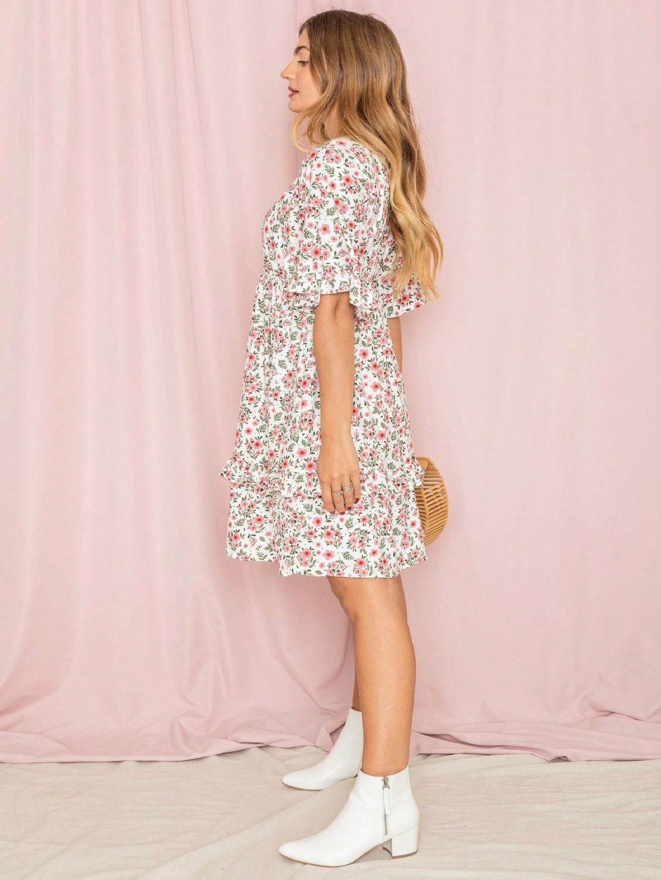 Vintage Navy Pink Yellow White Charcoal Floral Ruffle Trim Midi Dress | S-3X