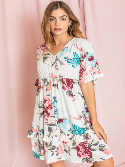 Vintage Navy Pink Yellow White Charcoal Floral Ruffle Trim Midi Dress | S-3X