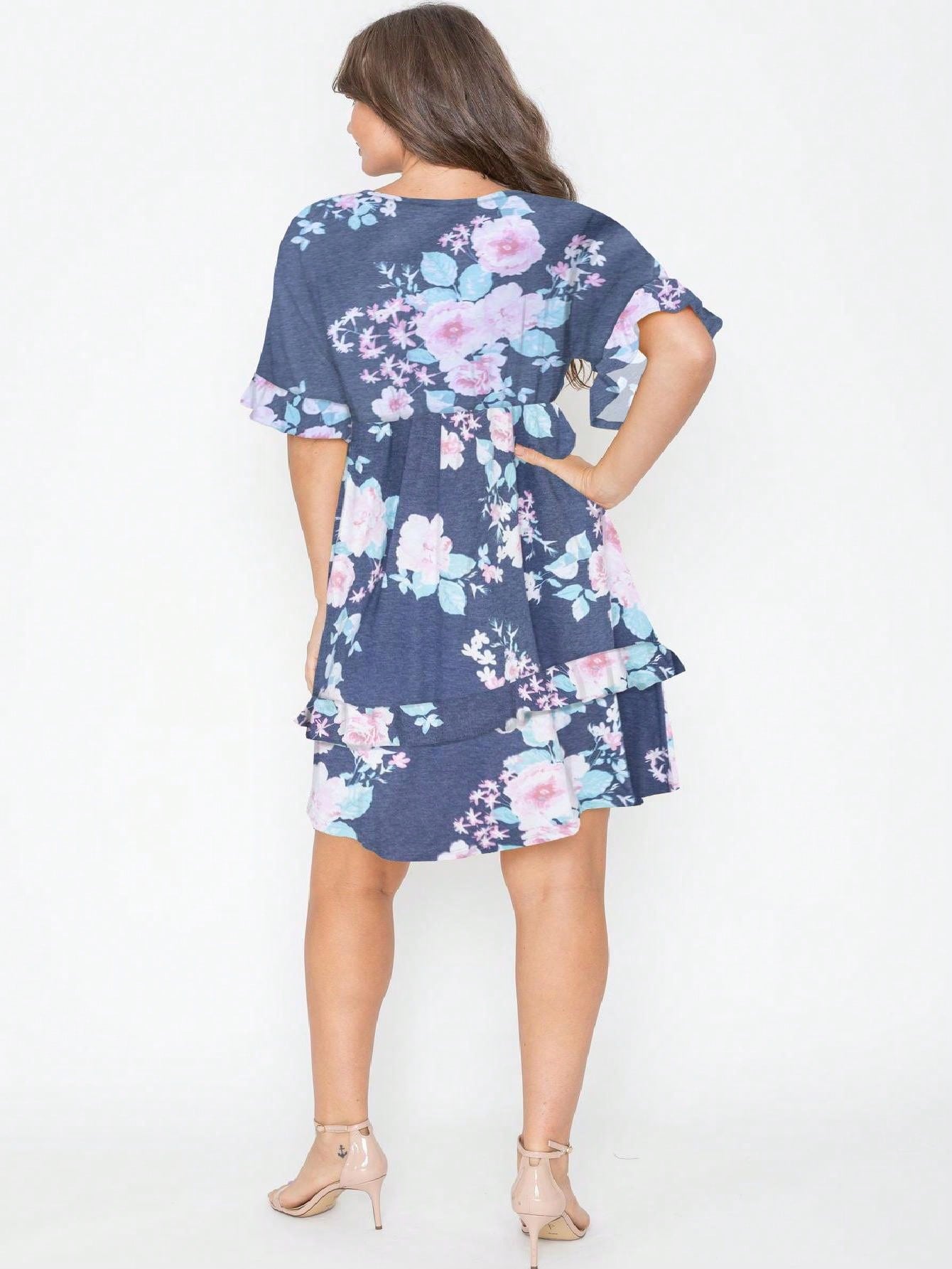 Vintage Navy Pink Yellow White Charcoal Floral Ruffle Trim Midi Dress | S-3X