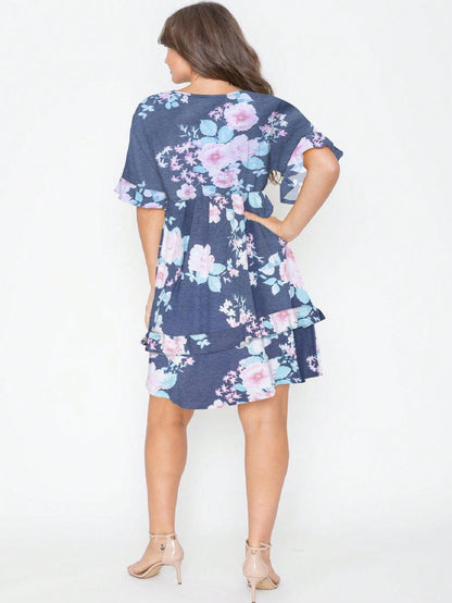 Vintage Navy Pink Yellow White Charcoal Floral Ruffle Trim Midi Dress | S-3X