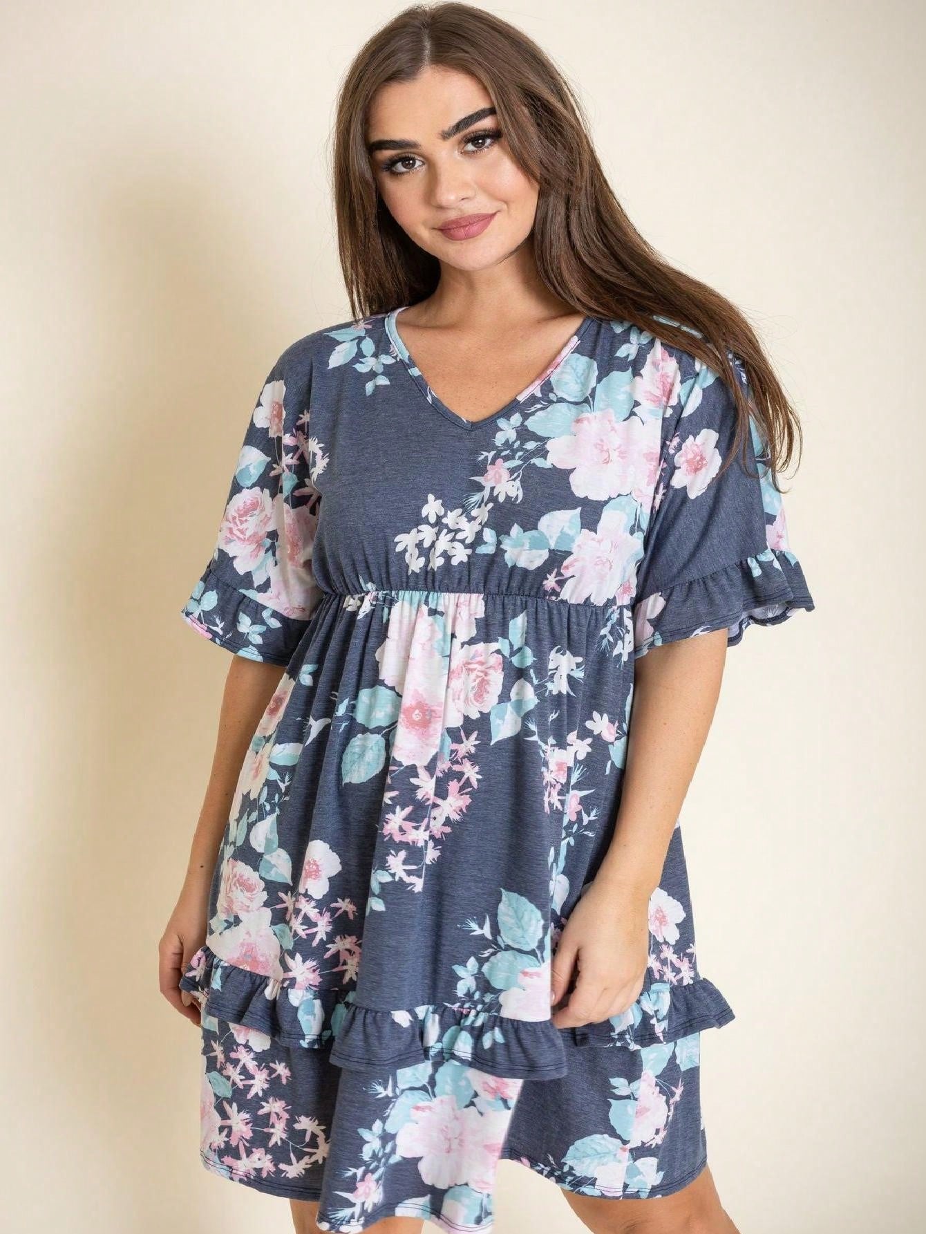 Vintage Navy Pink Yellow White Charcoal Floral Ruffle Trim Midi Dress | S-3X