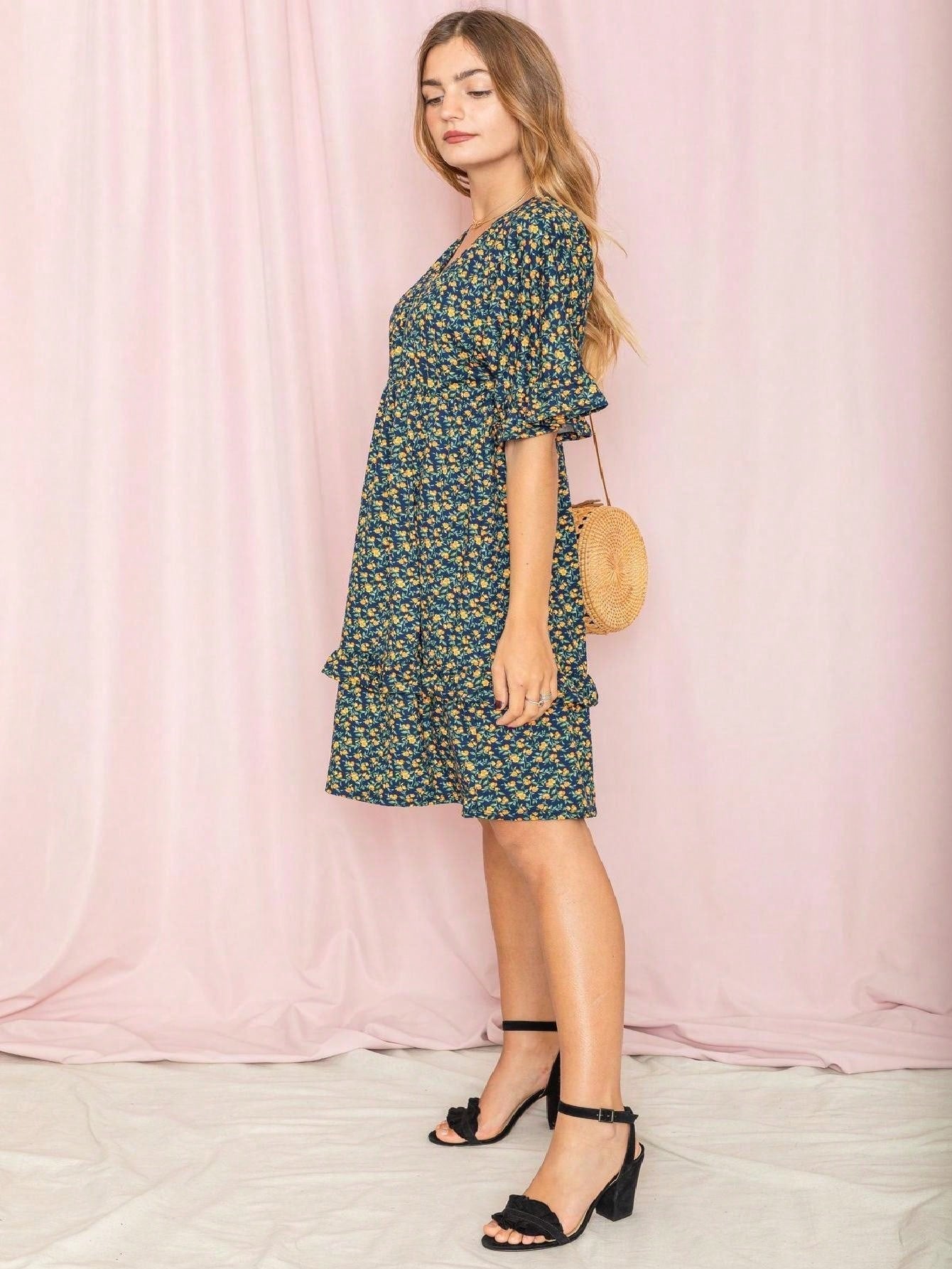 Vintage Navy Pink Yellow White Charcoal Floral Ruffle Trim Midi Dress | S-3X