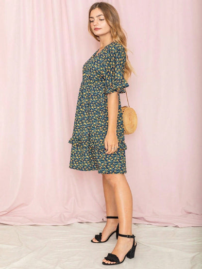 Vintage Navy Pink Yellow White Charcoal Floral Ruffle Trim Midi Dress | S-3X