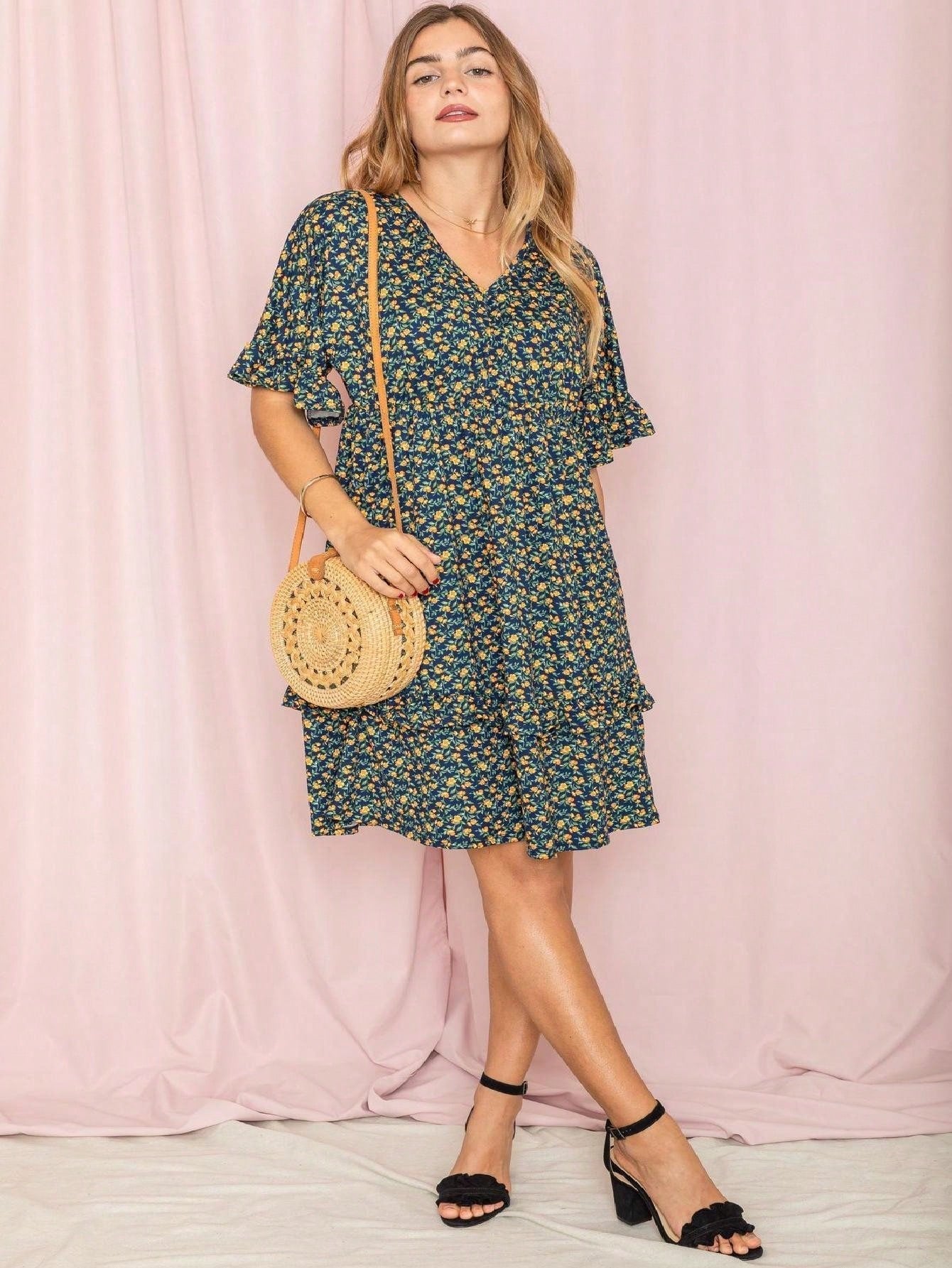 Vintage Navy Pink Yellow White Charcoal Floral Ruffle Trim Midi Dress | S-3X