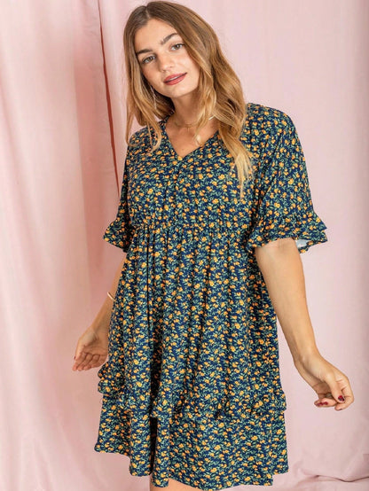 Vintage Navy Pink Yellow White Charcoal Floral Ruffle Trim Midi Dress | S-3X