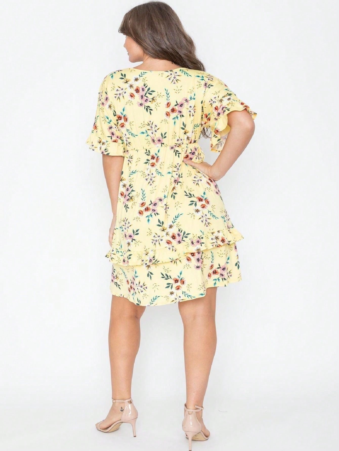 Vintage Navy Pink Yellow White Charcoal Floral Ruffle Trim Midi Dress | S-3X